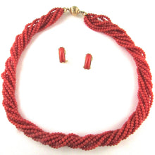 Load image into Gallery viewer, 18K Gold Coral Torsade Choker Necklace & Omega Earrings