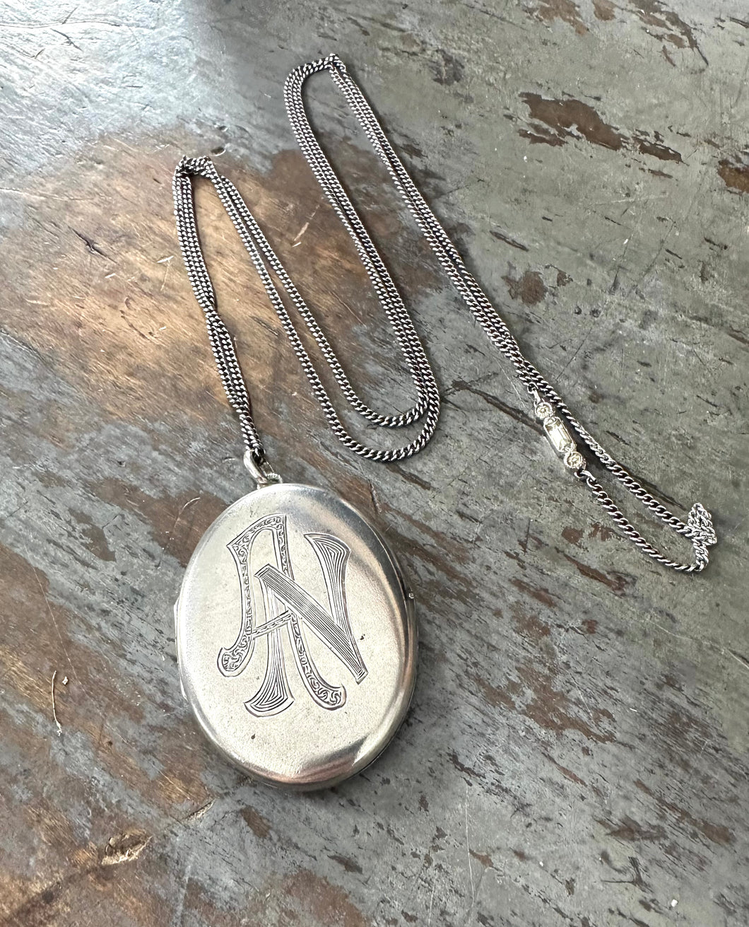 Art Deco Sterling Silver Oval Locket AN monogram