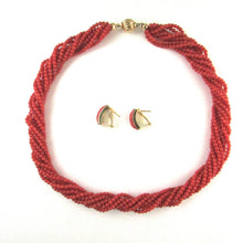 Load image into Gallery viewer, 18K Gold Coral Torsade Choker Necklace &amp; Omega Earrings
