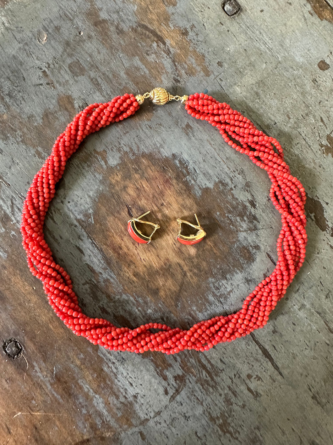 18K Gold Coral Torsade Choker Necklace & Omega Earrings