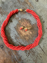 Load image into Gallery viewer, 18K Gold Coral Torsade Choker Necklace &amp; Omega Earrings
