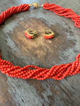 Load image into Gallery viewer, 18K Gold Coral Torsade Choker Necklace &amp; Omega Earrings
