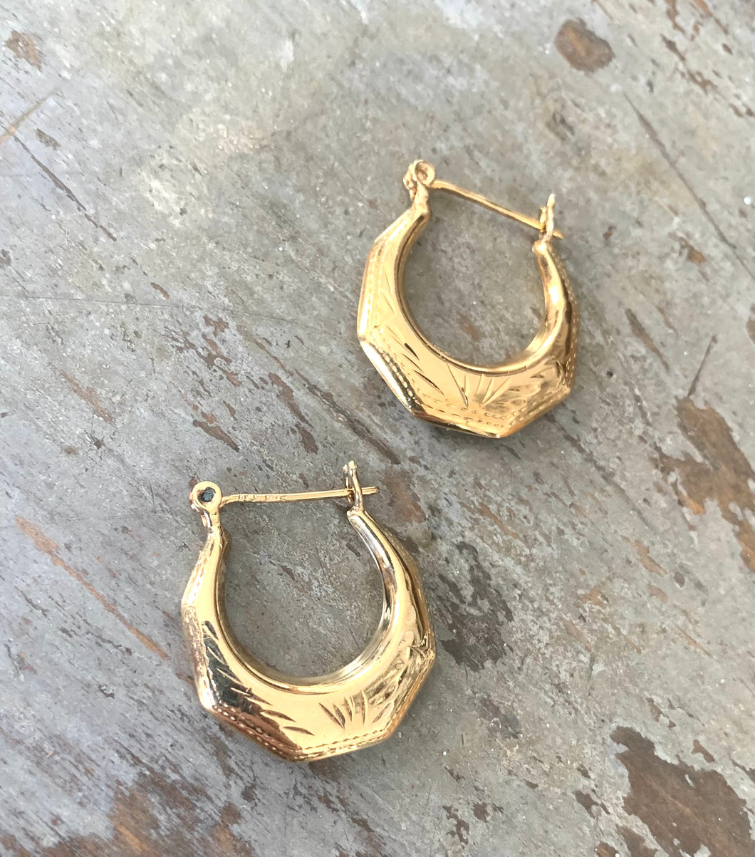 Vintage Etched Vermeil Sterling Gold Hoop Earrings