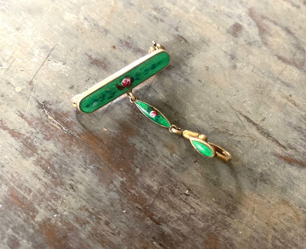 Vintage Green Enamel Watch Pin Guilloche Roses
