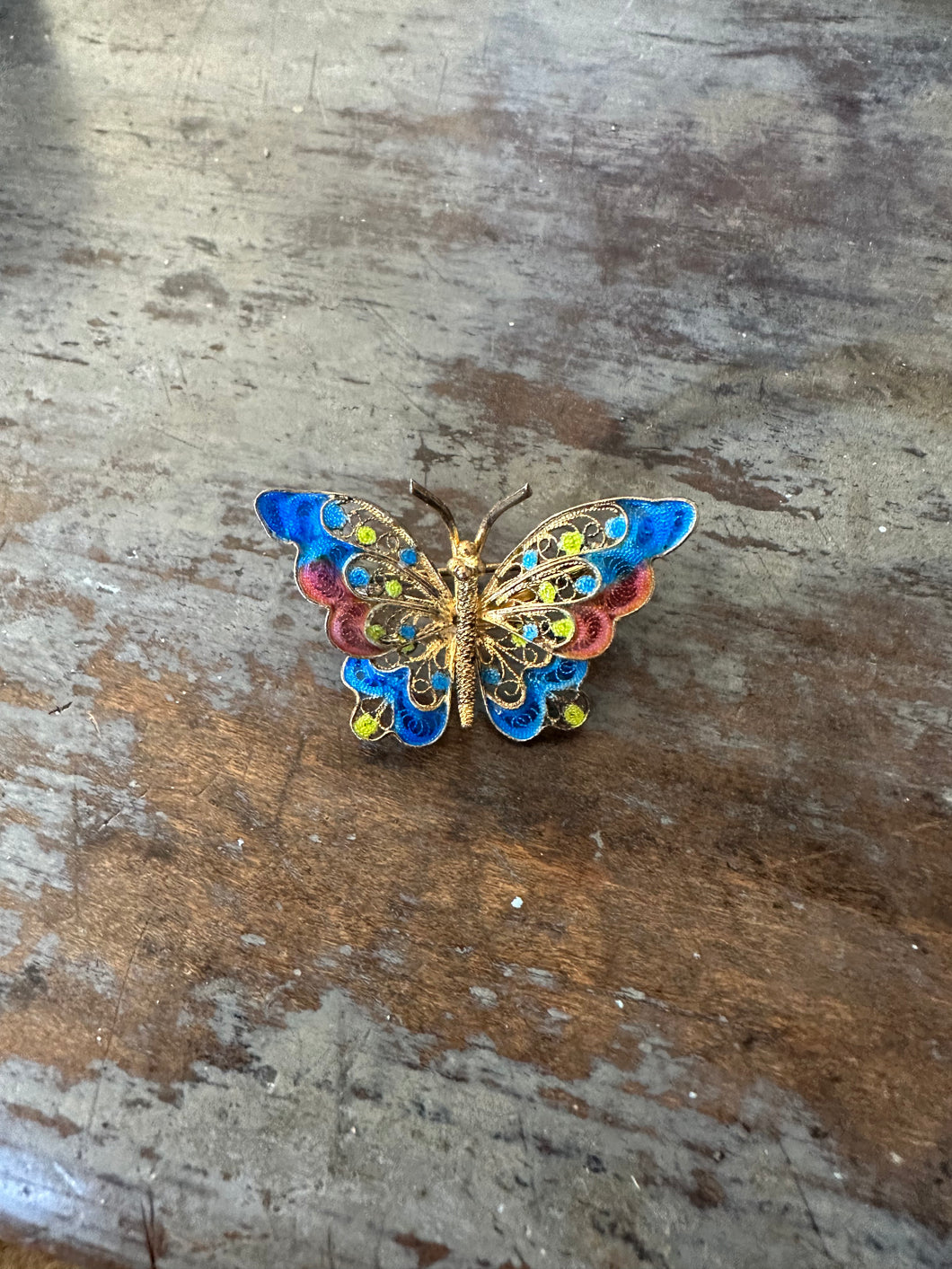Vintage 800 Silver Enamel Butterfly Pin Brooch Blue